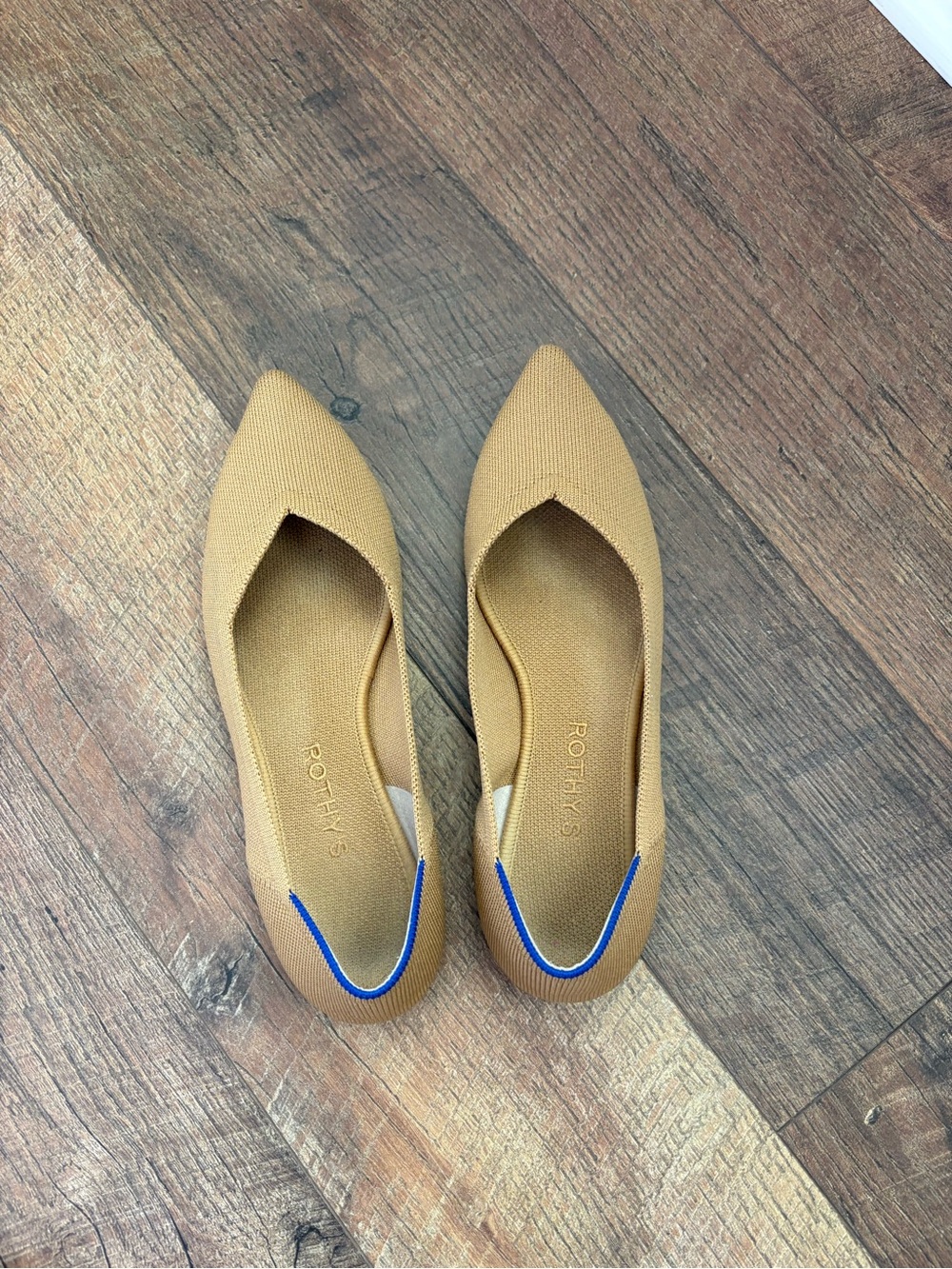 Rothy's Pointed Toe Flats in Camel with Blue Trim
